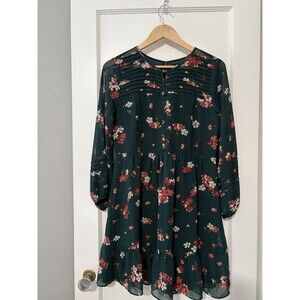 Madewell Green Floral Boho Tiered Mini Dress Pintuck Long Sleeve Size 4